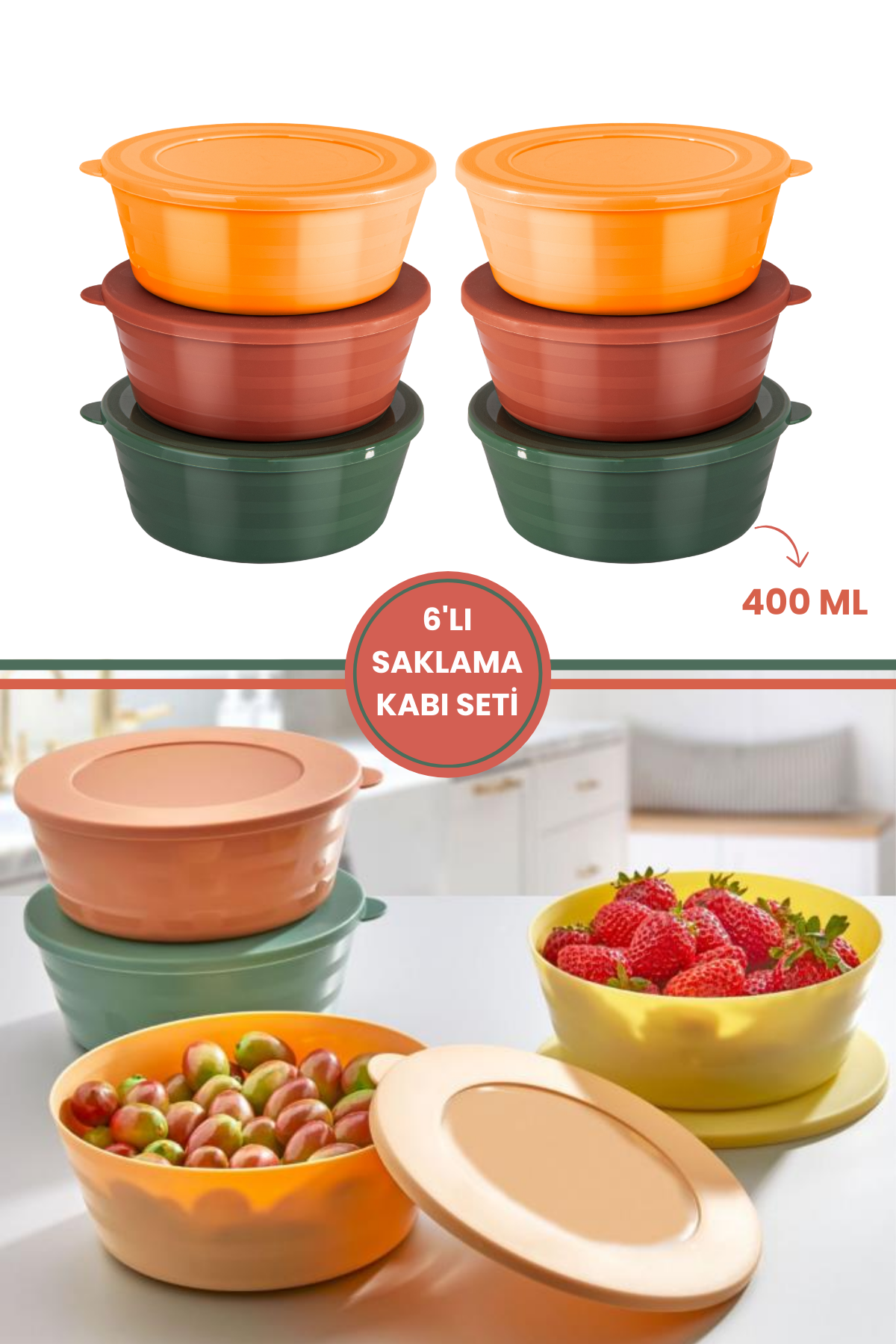 6 Adet Kapaklı Kahvaltılık Saklama Kabı 400 ml, Çok Amaçlı Yuvarlak Kase Çerezlik Set (6x400ml)