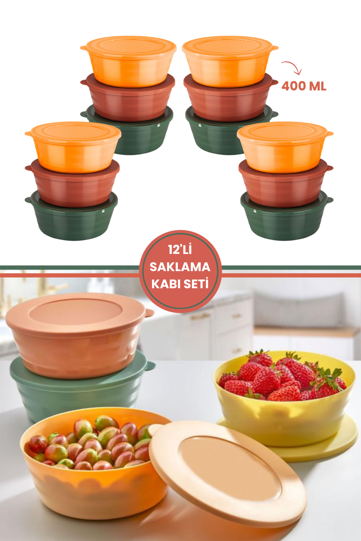 12 Adet Kapaklı Kahvaltılık Saklama Kabı 400 ml, Çok Amaçlı Yuvarlak Kase Çerezlik Set (12x400ml)