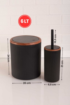 Ahşap Görünümlü Modern 5'li Banyo Seti Çizgili Siyah