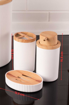 Bambu Desenli Modern 5'li Banyo Seti Çizgili Beyaz