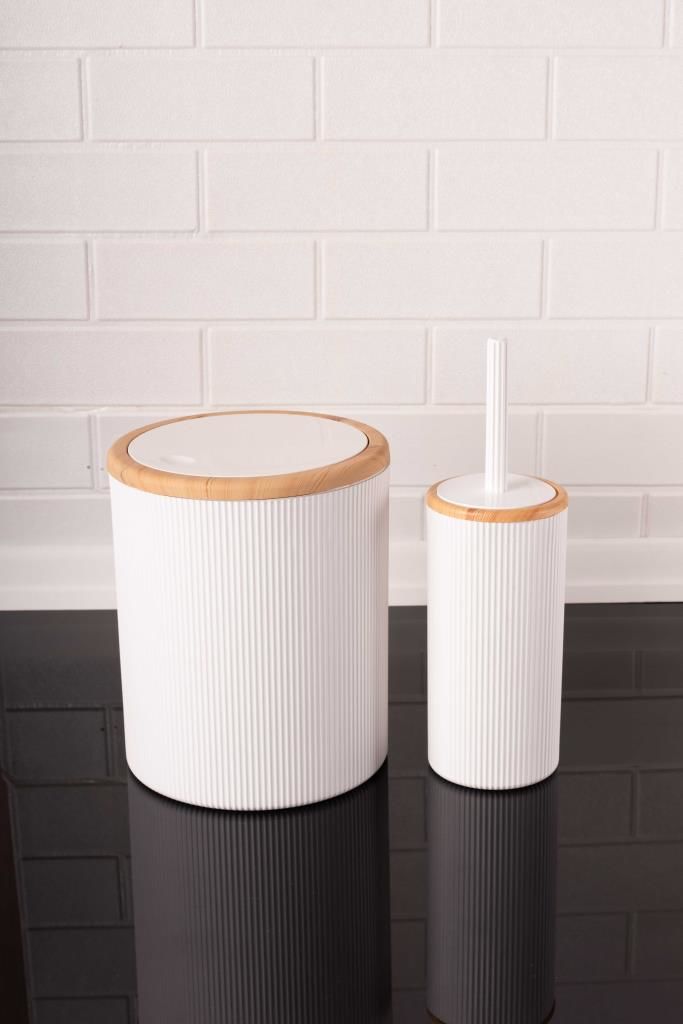 Bambu Desenli Sallanır Kapak Çizgili Banyo Çöp Kovası Fırça Seti Beyaz