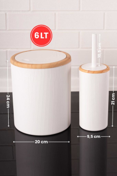 Bambu Desenli Sallanır Kapak Çizgili Banyo Çöp Kovası Fırça Seti Beyaz