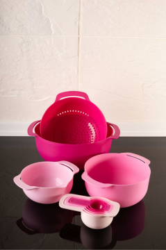 Easy Mix Karıştırma Kabı - Ölçü Kaşığı ve Süzgeçli 9'lu Pembe Set