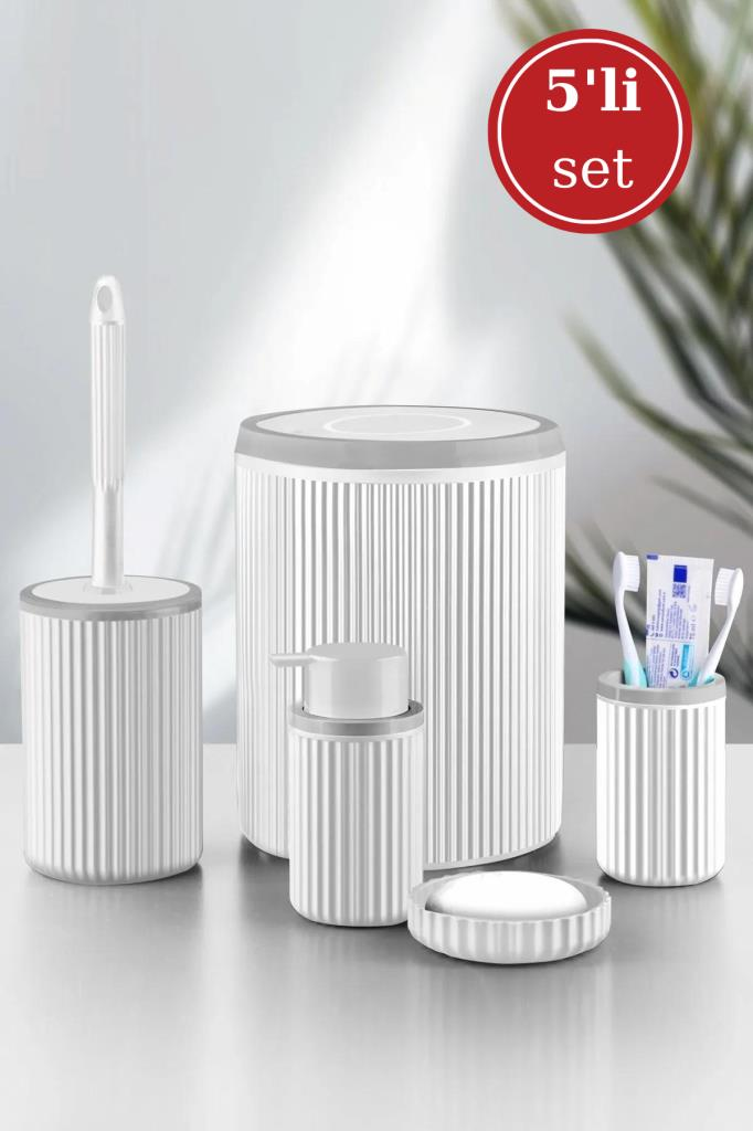 Flora 5 Parça Banyo Seti (Çöp Kovası 6 lt, WC Fırça, Sıvı Sabunluk, Katı Sabunluk, Diş Fırçalık)