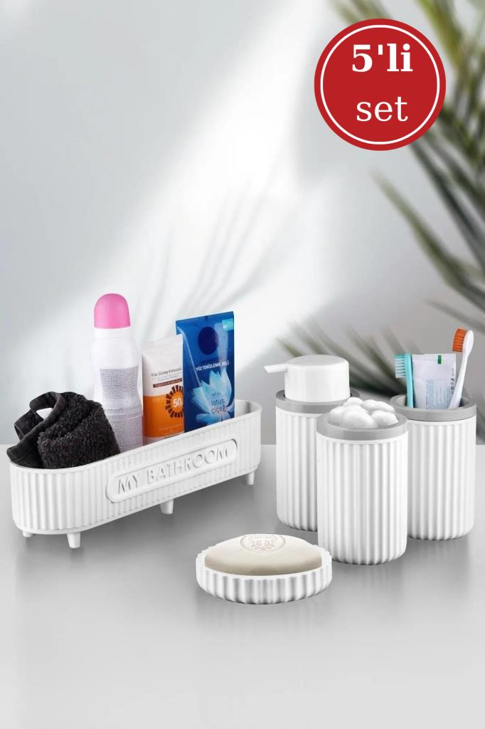Flora 5 Parça Banyo Seti (Çok Amaçlı Sepet, Sıvı Sabunluk, Katı Sabunluk, Diş Fırçalık, Pamukluk)