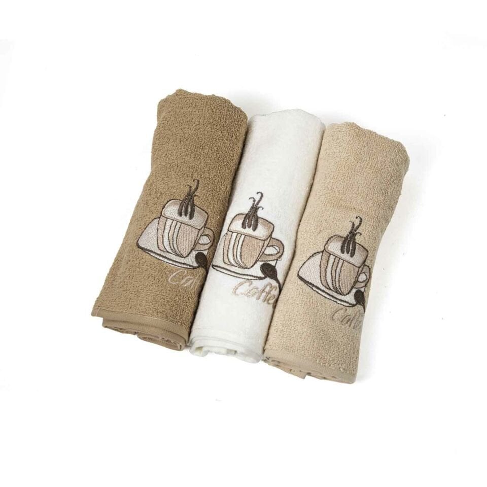 3'lü Kahve İşlemeli Mutfak Havlusu