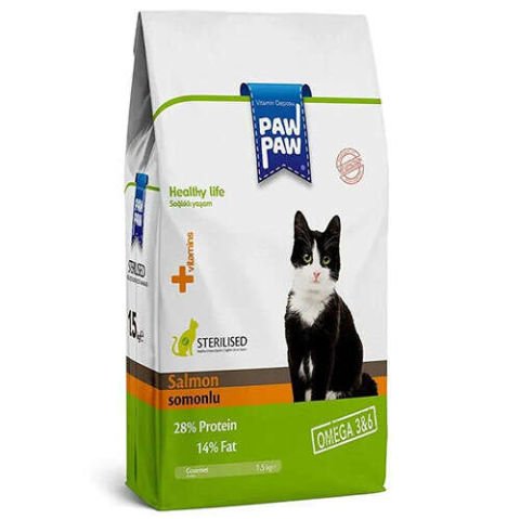 Paw Paw (PawPaw) Sterilised Kısırlaştırılmış Somon Balıklı Yetişkin Kedi Maması-15kg-Yeni Formül(stt.07/2025)