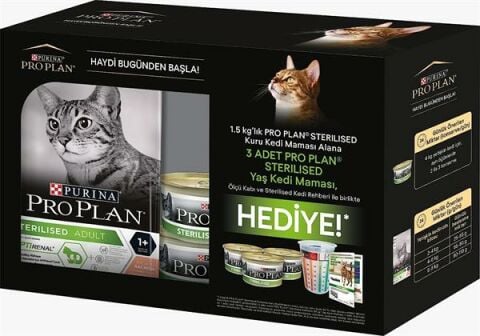 Proplan Hediye Paketi Kısırlaştırılmış Somonlu Kedi Maması 1.5 Kg + 3 Adet Yaş Mama + Ölçü Kabı(stt.09/2024)