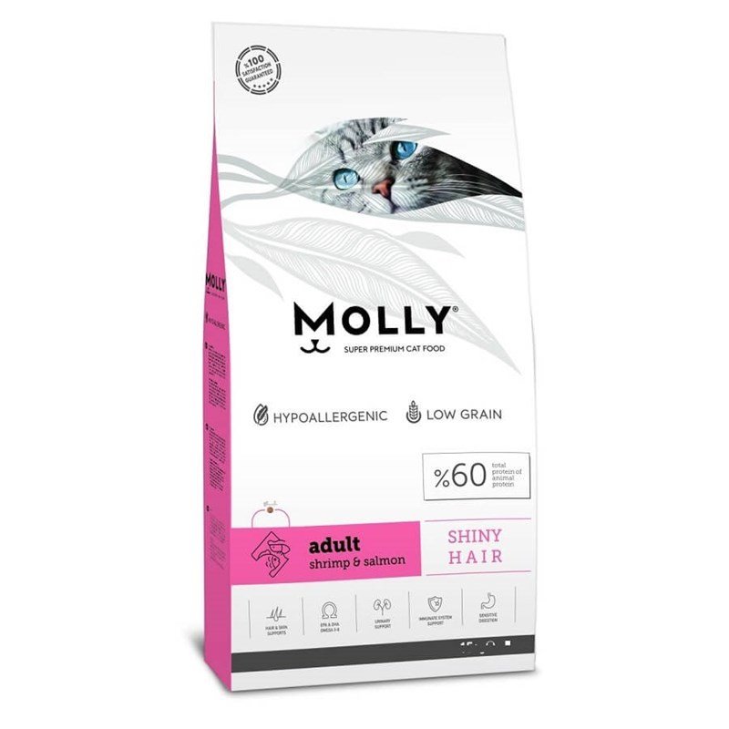 Molly Shiny Hair Hypo-Allergenic Somonlu ve Karidesli(Renal Care)Düşük Tahıllı Yetişkin Kedi Maması 15 kg(stt.04/2025)