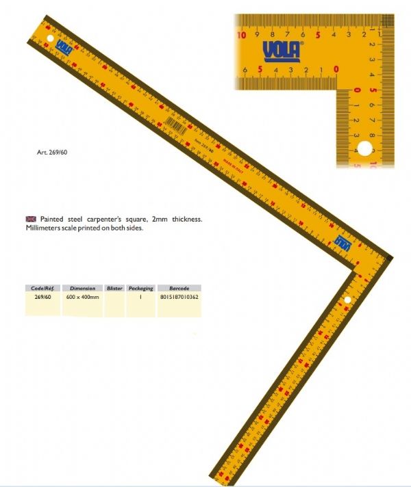 VOLA Çelik Marangoz Gönye 600x400x2mm 269/60