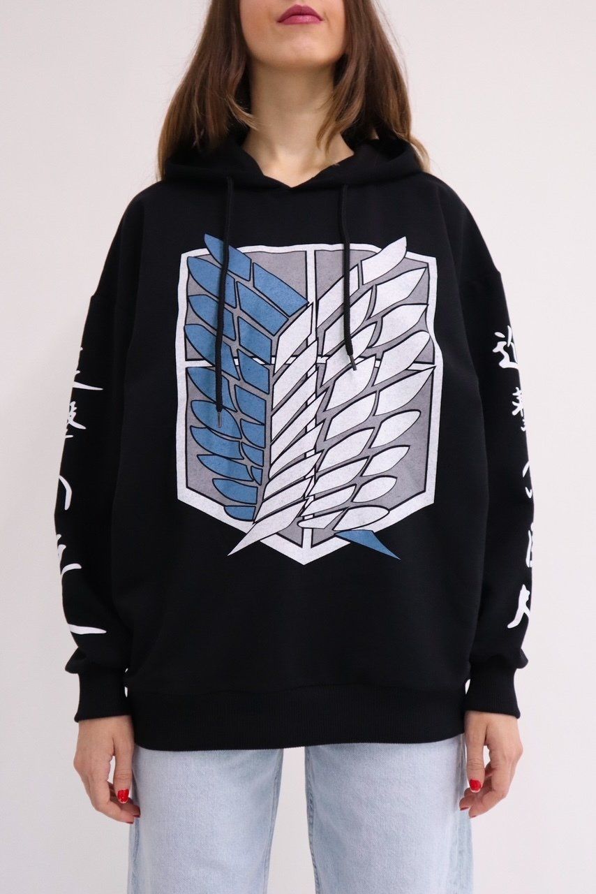 Anime Mavi Attack On Titan Logo Kapşonlu Sweatshirt