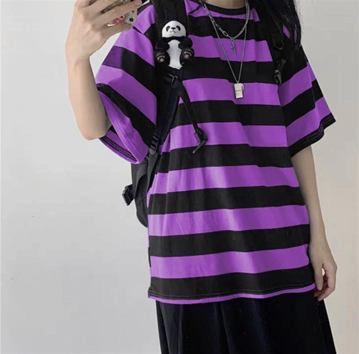 Harajuku Mor Siyah Çizgili Oversize (Unisex) T-shirt