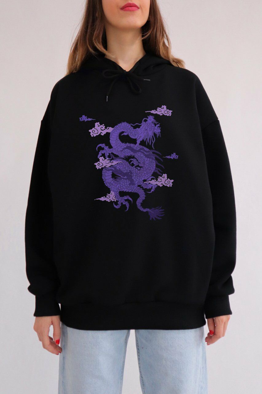 Siyah Kapüşonlu Mor Ejderha Sweatshirt