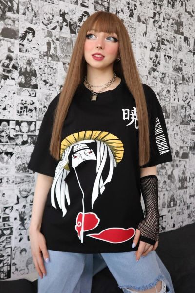 Siyah Unisex Kol Detay Itachı Uchiha T-Shirt