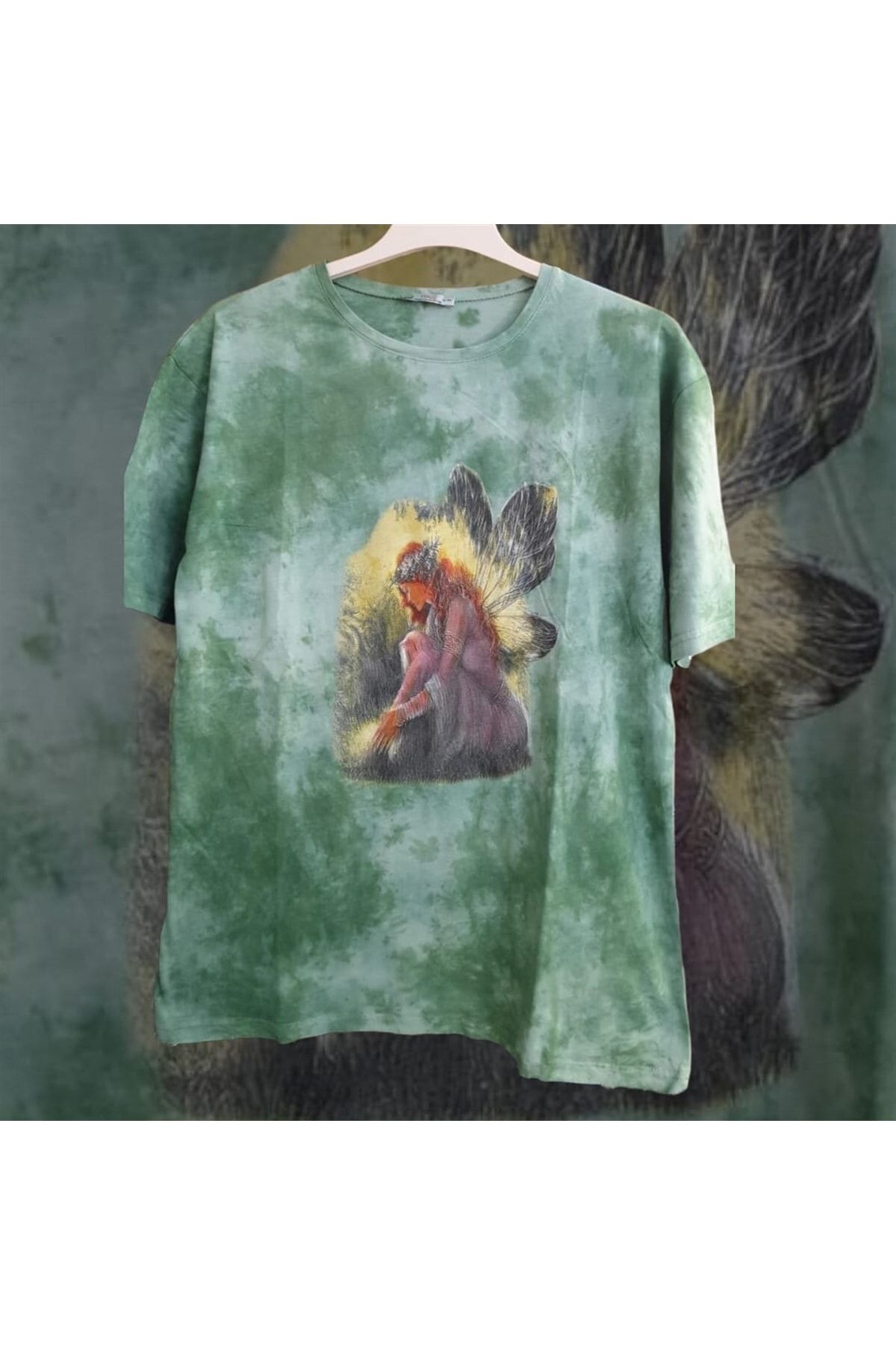 Yeşil Renk Yıkamalı Fairy Girl Oversize Kalıp T-shirt