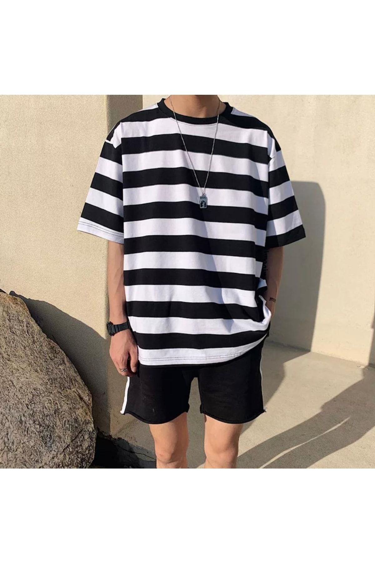 Harajuku Beyaz Siyah Çizgili Oversize (unisex) T-shirt