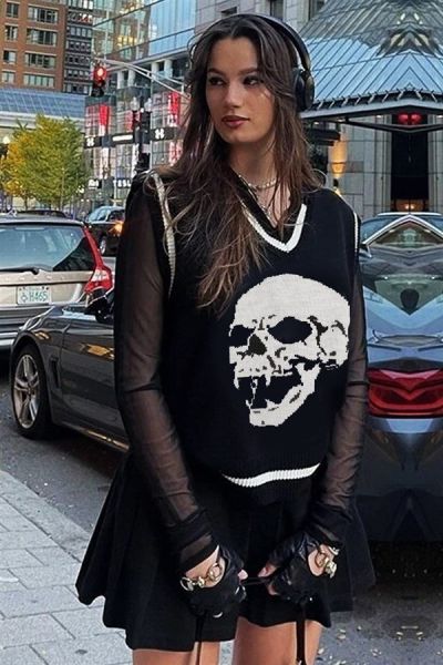 Siyah Skull Gothic Kuru Kafa Süveter