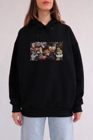 Siyah Kapüşonlu Akatsuki Kolaj Anime Sweatshirt