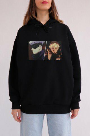 Siyah Kapüşonlu Mor Sarı Anime Sweatshirt