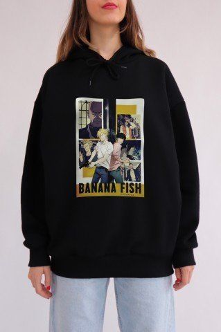 Siyah Kapüşonlu Anime Banana Fish Sweatshirt