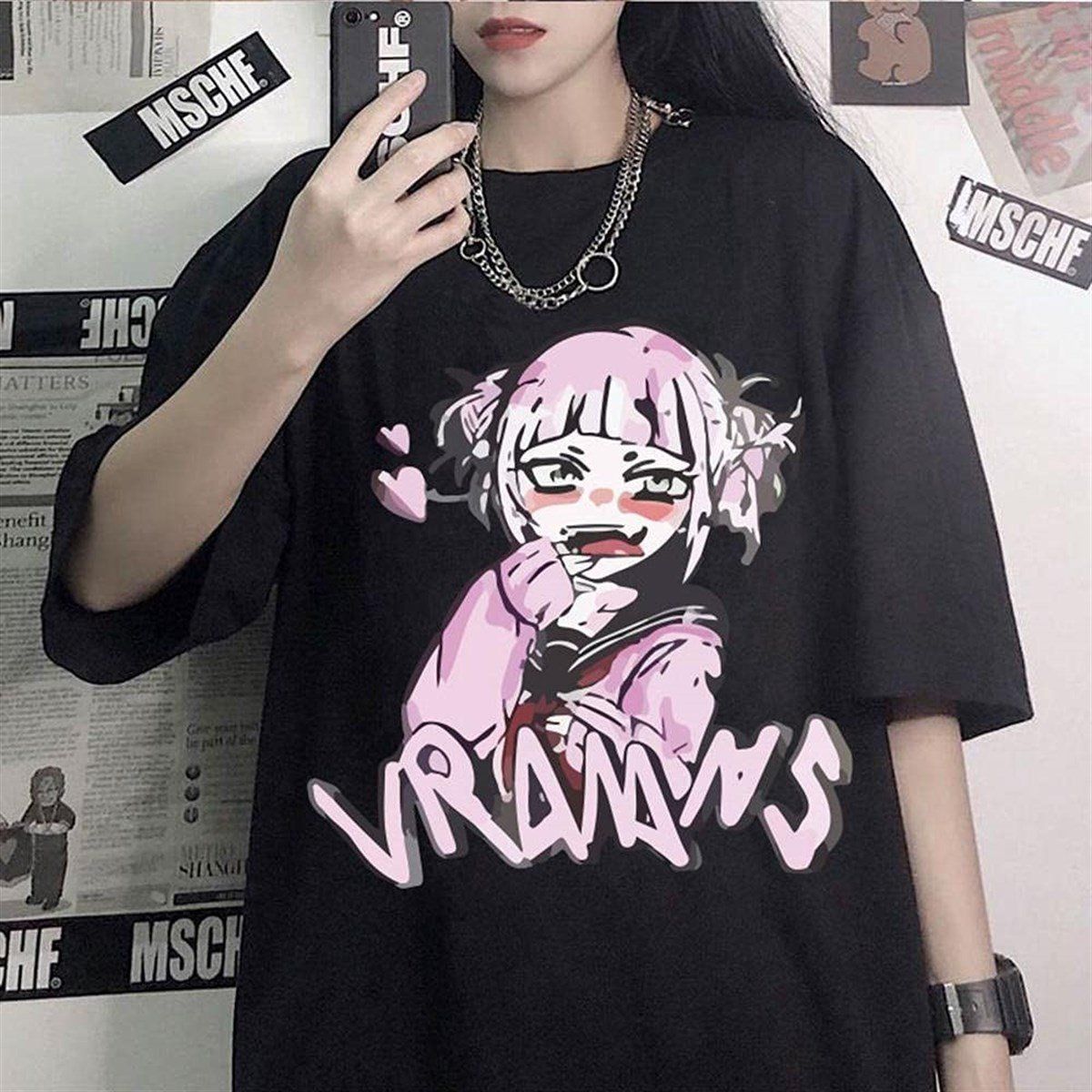 Harajuku Style Anime My Hero Academia Senpai Himiko Toga Siyah Oversize T-Shirt