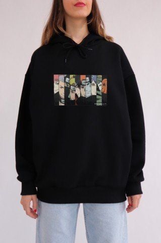 Siyah Kapüşonlu Naruto Anime Kolaj Sweatshirt