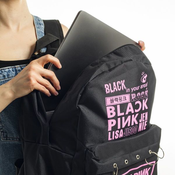 Black Pink Baskılı Laptop Sırt Çantası Piersingli