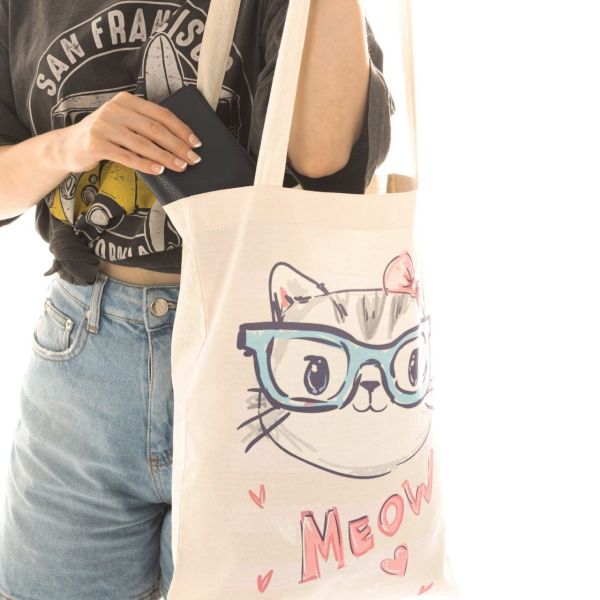 Meow Kedi Baskılı Hambez Çanta