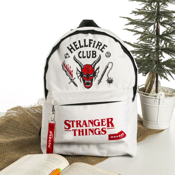 Stranger Things Hellfire Club Baskılı Beyaz Okul Sırt Çantası