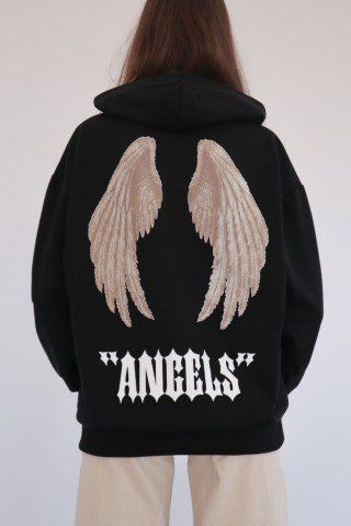 Siyah Kapüşonlu Sırt Baskılı Angels Sweatshirt