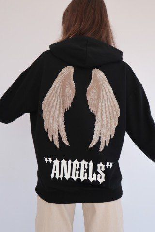 Siyah Kapüşonlu Sırt Baskılı Angels Sweatshirt