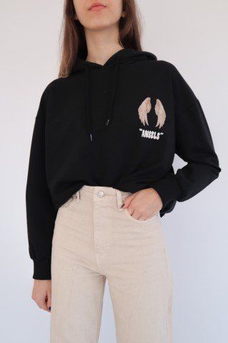 Siyah Kapüşonlu Sırt Baskılı Angels Sweatshirt