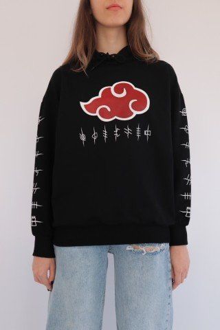 Siyah Kapüşonlu Kol Detay Akatsuki Anime Sweatshirt