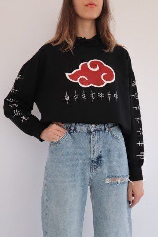 Siyah Kapüşonlu Kol Detay Akatsuki Anime Sweatshirt