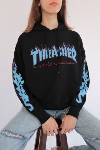 Siyah Kapüşonlu Kol Detay Thrasher Sweatshirt