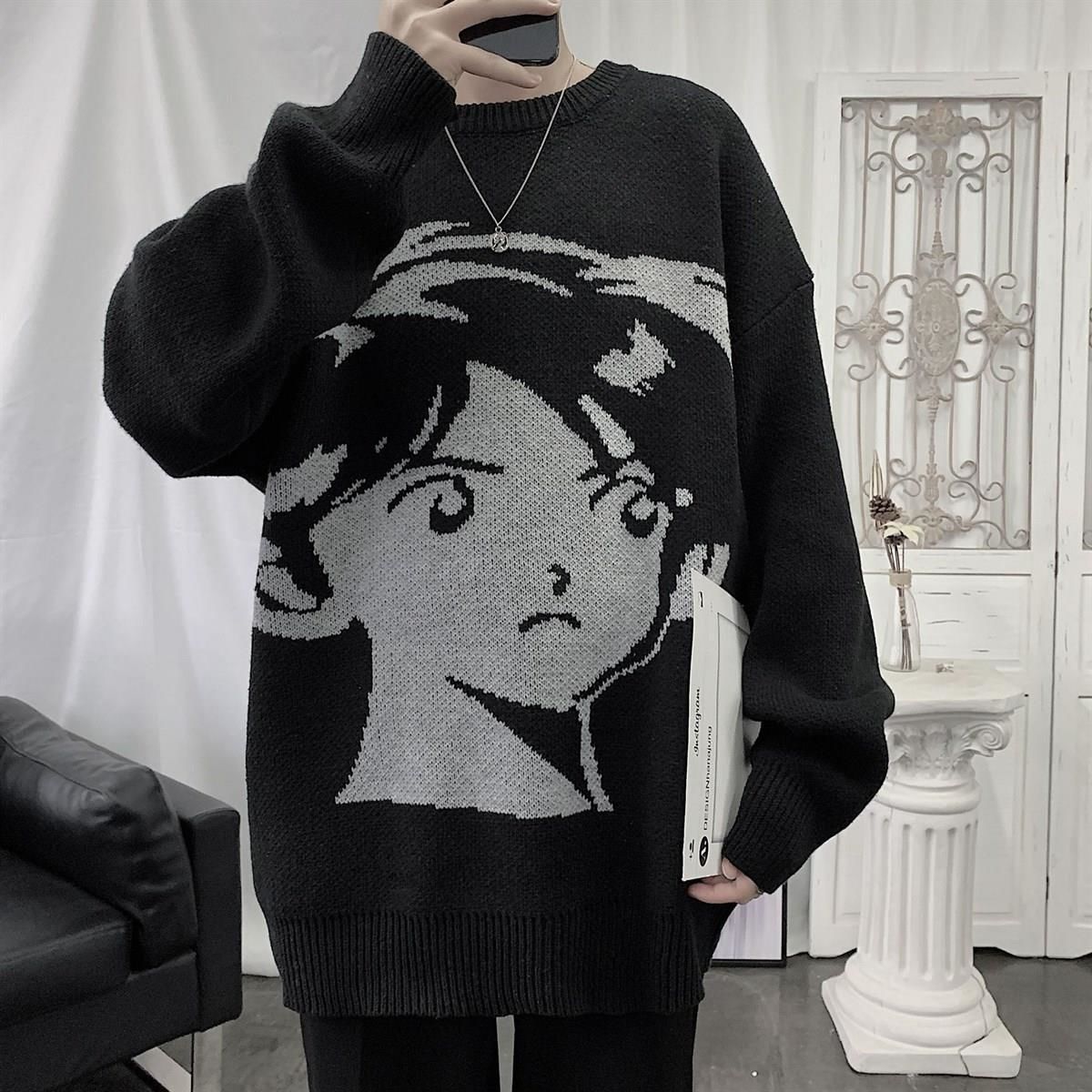 Anime Boy Harajuku Vintage Streetwear Unisex Siyah Kazak