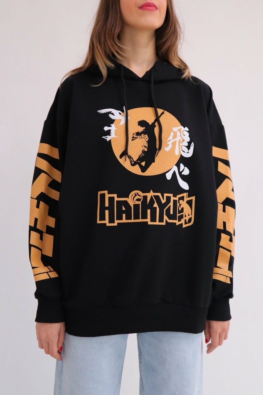 Siyah Kapüşonlu Anime Haikyuu Sweatshirt