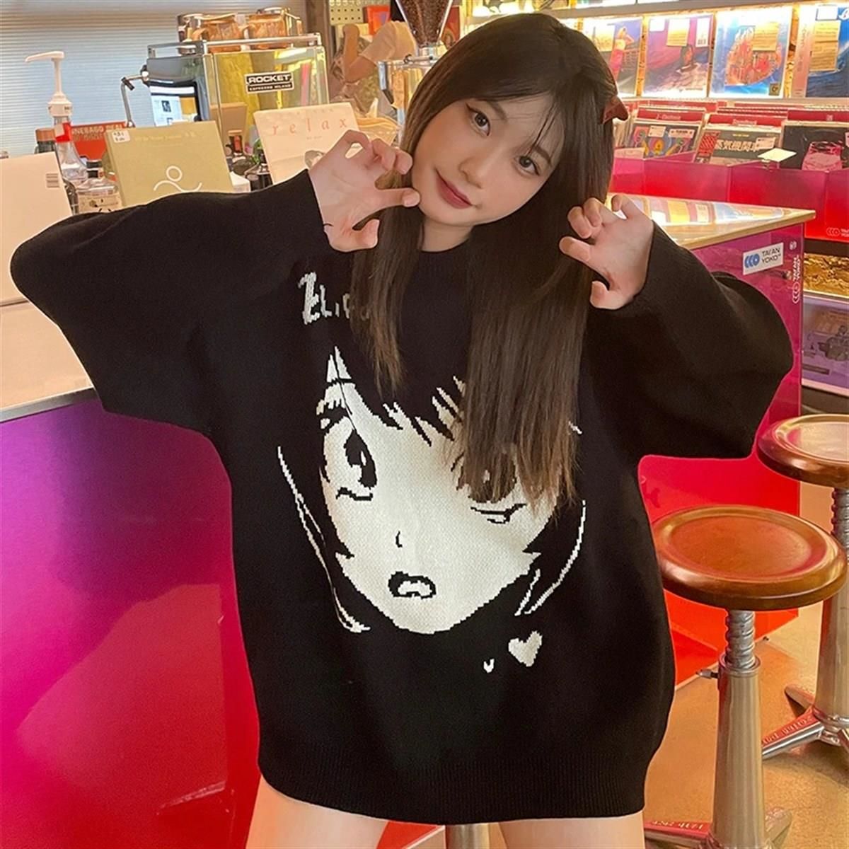 Anime Girl Harajuku Vintage Streetwear Unisex Siyah Kazak