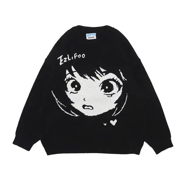 Anime Girl Harajuku Vintage Streetwear Unisex Siyah Kazak