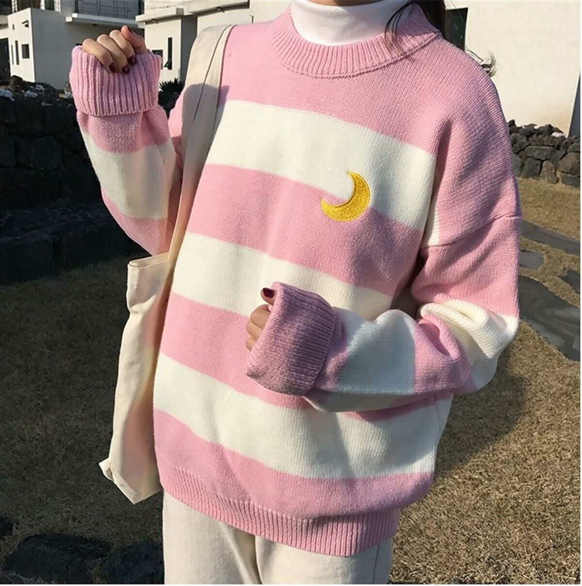 Kawaii Pembe Örme Unisex Oversize Nakış Ay İşleme Çizgili Kazak