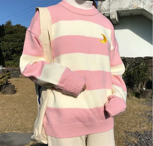 Kawaii Pembe Örme Unisex Oversize Nakış Ay İşleme Çizgili Kazak