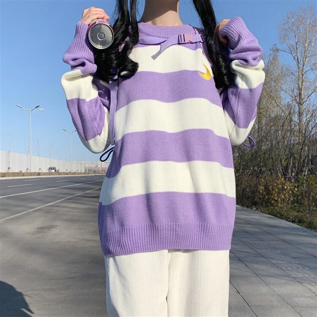 Kawaii Lila Örme Unisex Oversize Nakış Ay İşleme Çizgili Kazak