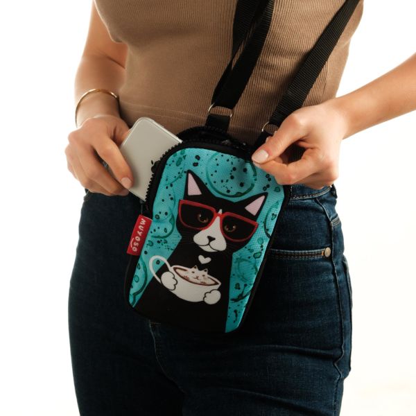 Kahveli Kedi Baskılı Telefon Çantası