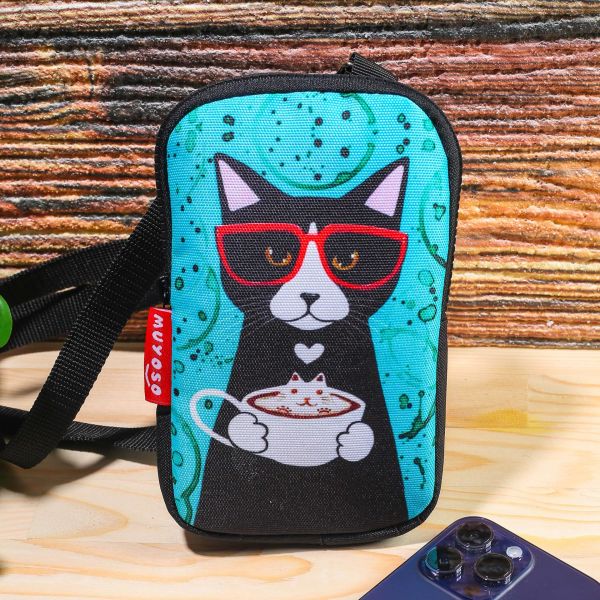 Kahveli Kedi Baskılı Telefon Çantası