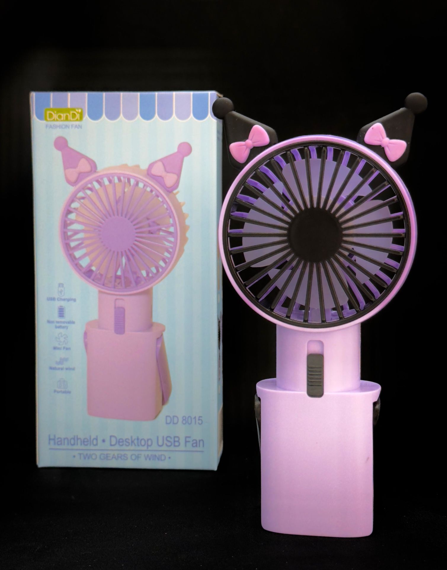 Kuromi Karakterli  Mini Fan Masaüstü Taşınabilir Telefon Stantlı El Fan