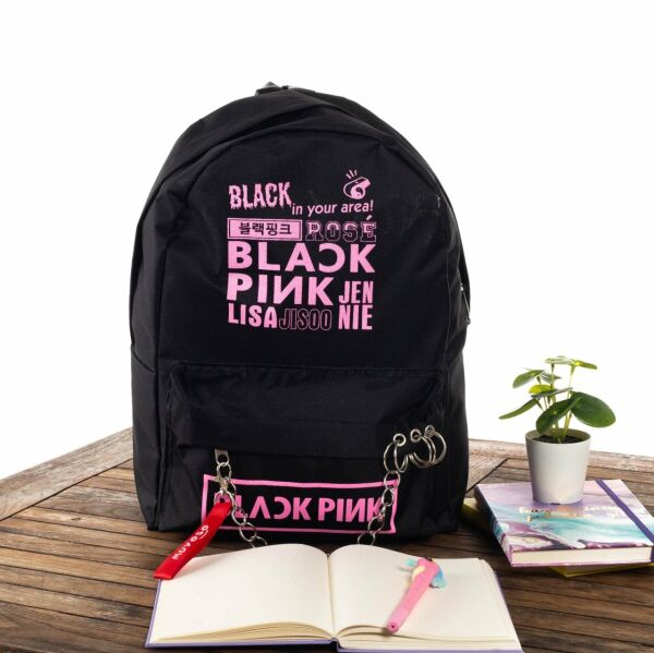 Black Pink Piercingli Zincirli Siyah Sırt Çantası