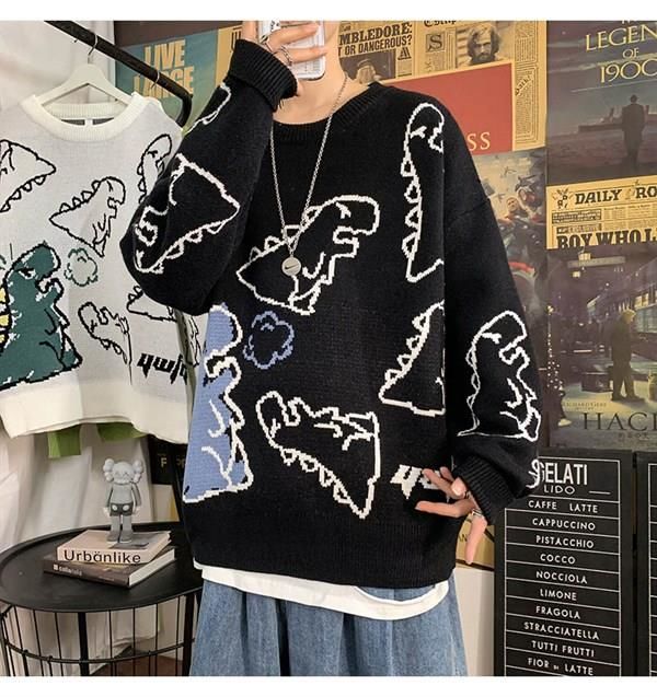 Harajuku Siyah Dinosarus Unisex Oversize Kazak