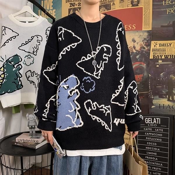 Harajuku Siyah Dinosarus Unisex Oversize Kazak