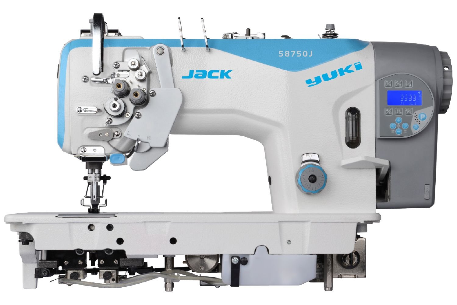 JK-58750J-405E Çift İğne Büyük Çağanoz İplik Kesicili İptalli Dik Bıçak