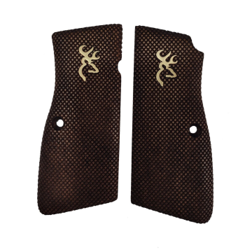 Zib Grips Silah Kabzası - Zig 14, Browning HP, High Power 14, Dik Kasa, Browning Halkalı (Halka için kesim yaptırmak için mesaj atın), Halkasız ile Uyumlu - Koyu Kahverengi Renk - Metal Logolu - BRWHPCV050L1